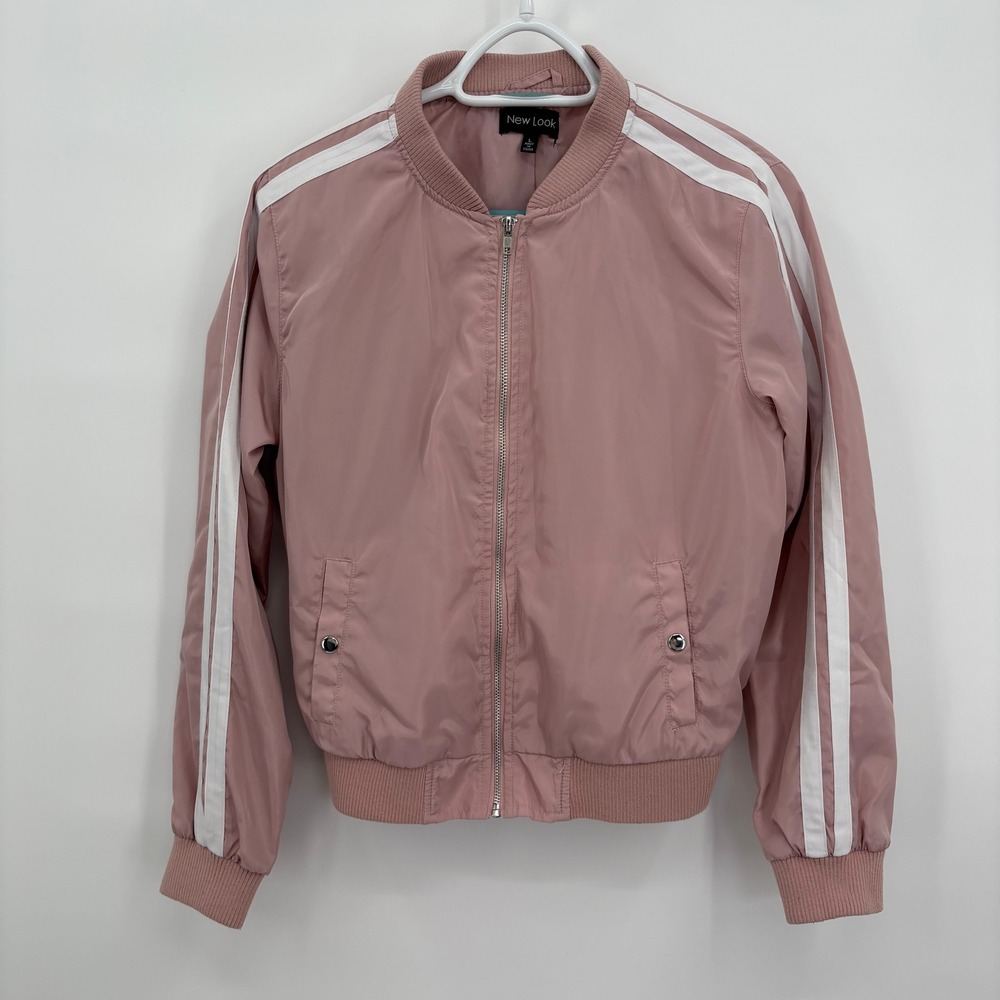 New Look Womens Pink Bomber Jacket‎ White Sleeve Stripes Full Zip Size Large